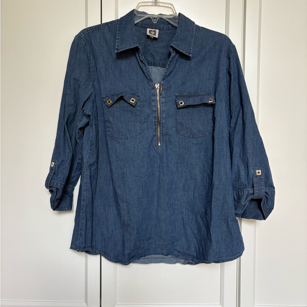 Anne Klein Blue Denim Chambray 1/2 Zip 3/4 Sleeve Shirt